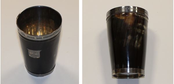 photos of a dark coloured horn tumbler with a silver rim and interior, and small shield-shaped plaque on the side.